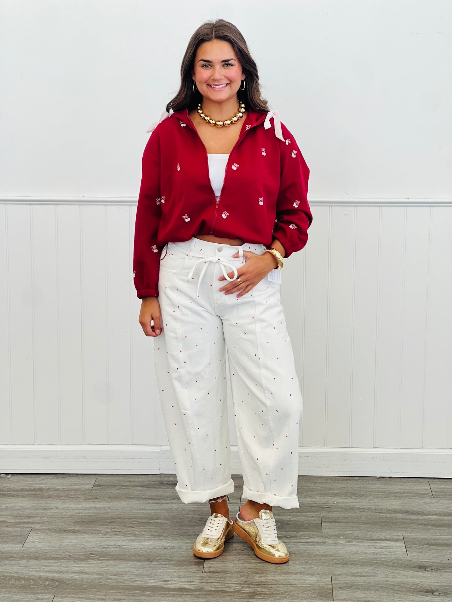 Wine Ribbon Cherries Hoodie Jacket & Shorts Set (Reg & Plus)