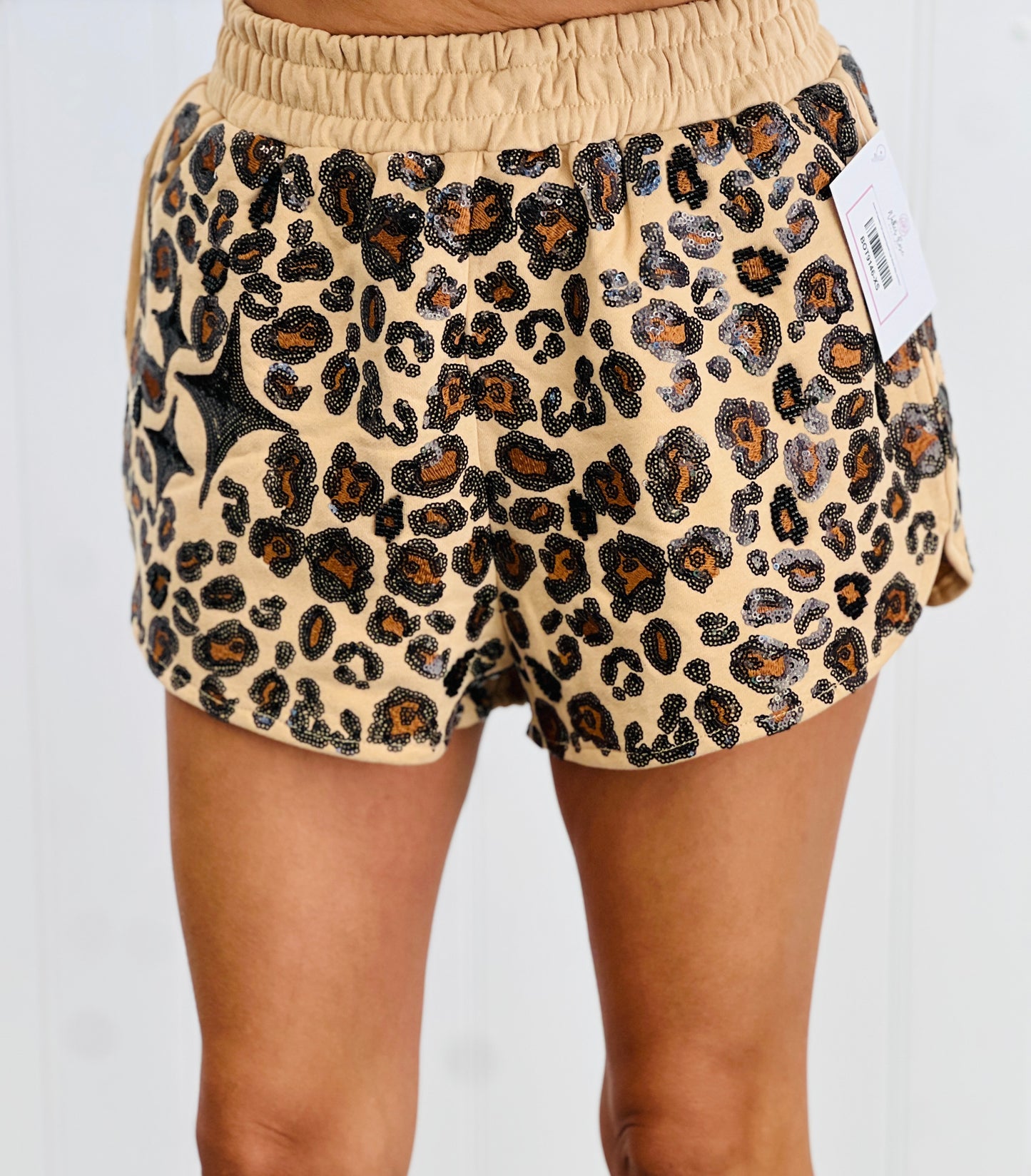 Queen Of Sparkles Tan Leopard Sparkle Logo Shorts (Reg. and Plus)