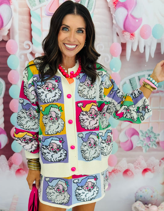 Queen Of Sparkles Pastel Colorblock Santa Button Up Cardigan (Reg. and Plus)