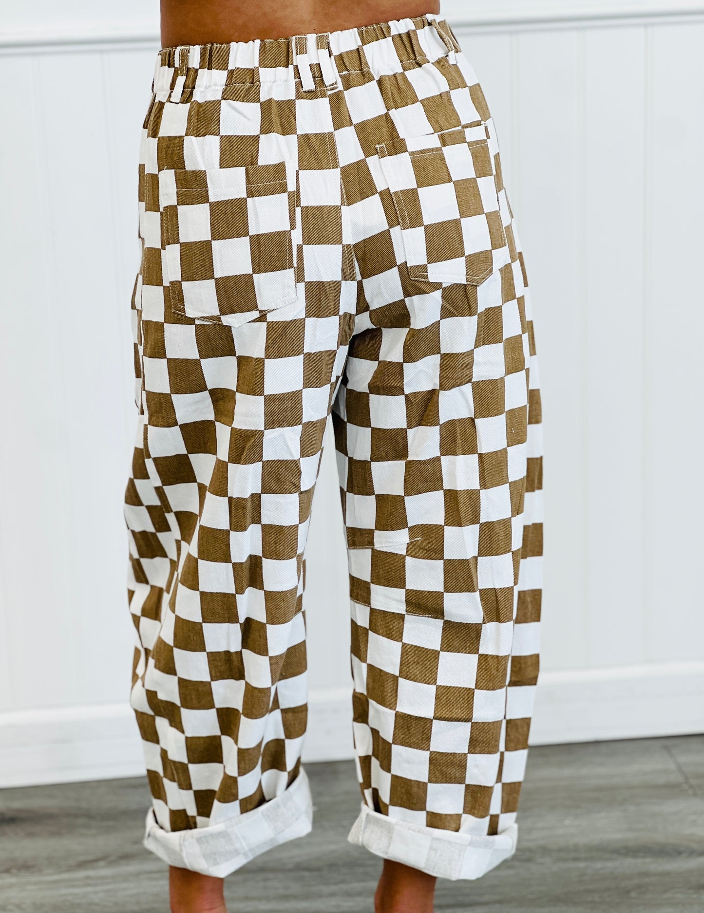 Mocha Checkered Print Denim Barrel Pants (Reg & Plus)