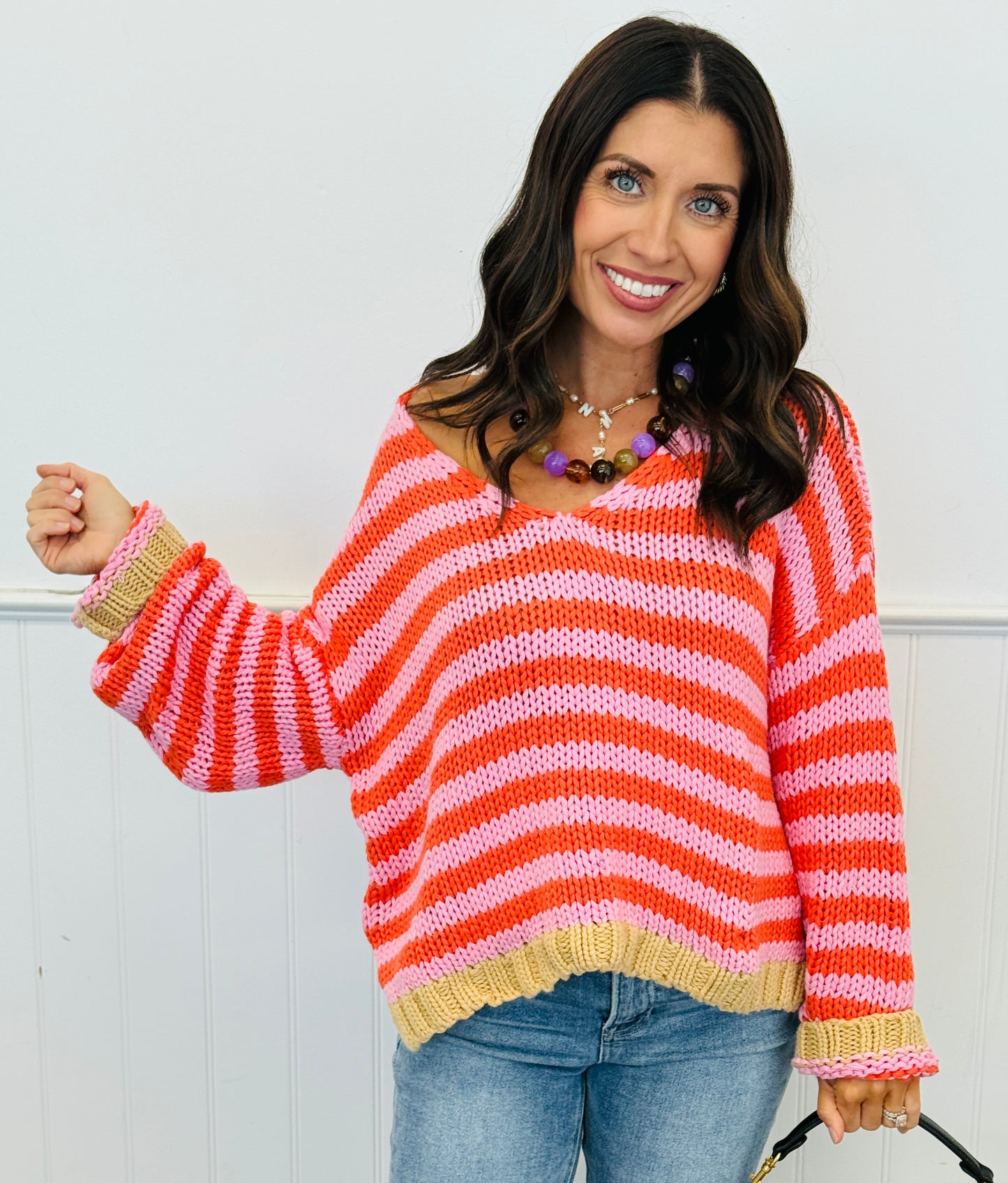 Pink/Orange Striped V-neck Sweater (Reg. and Plus)