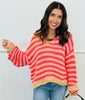 Pink/Orange Striped V-neck Sweater (Reg. and Plus)