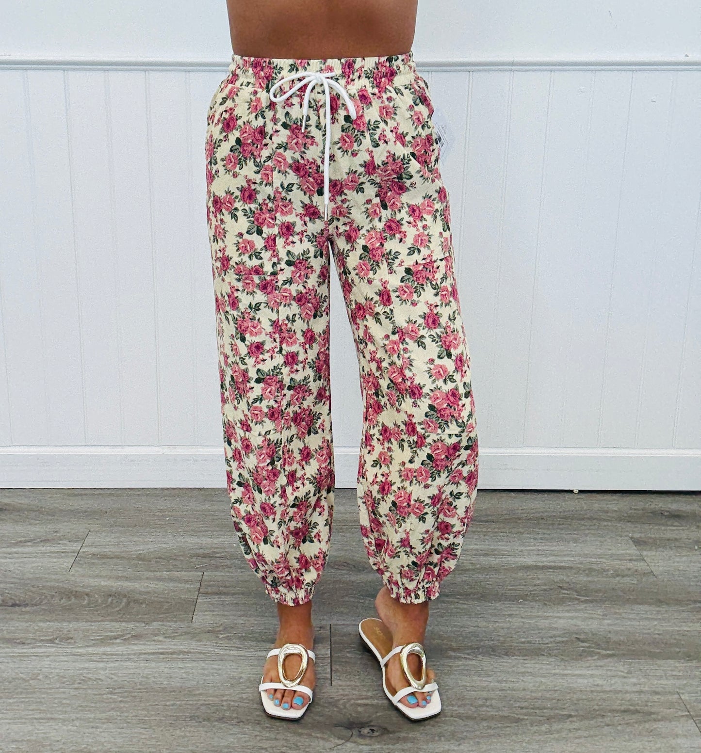 Cream/Pink Floral Print Twill Joggers (Reg.)