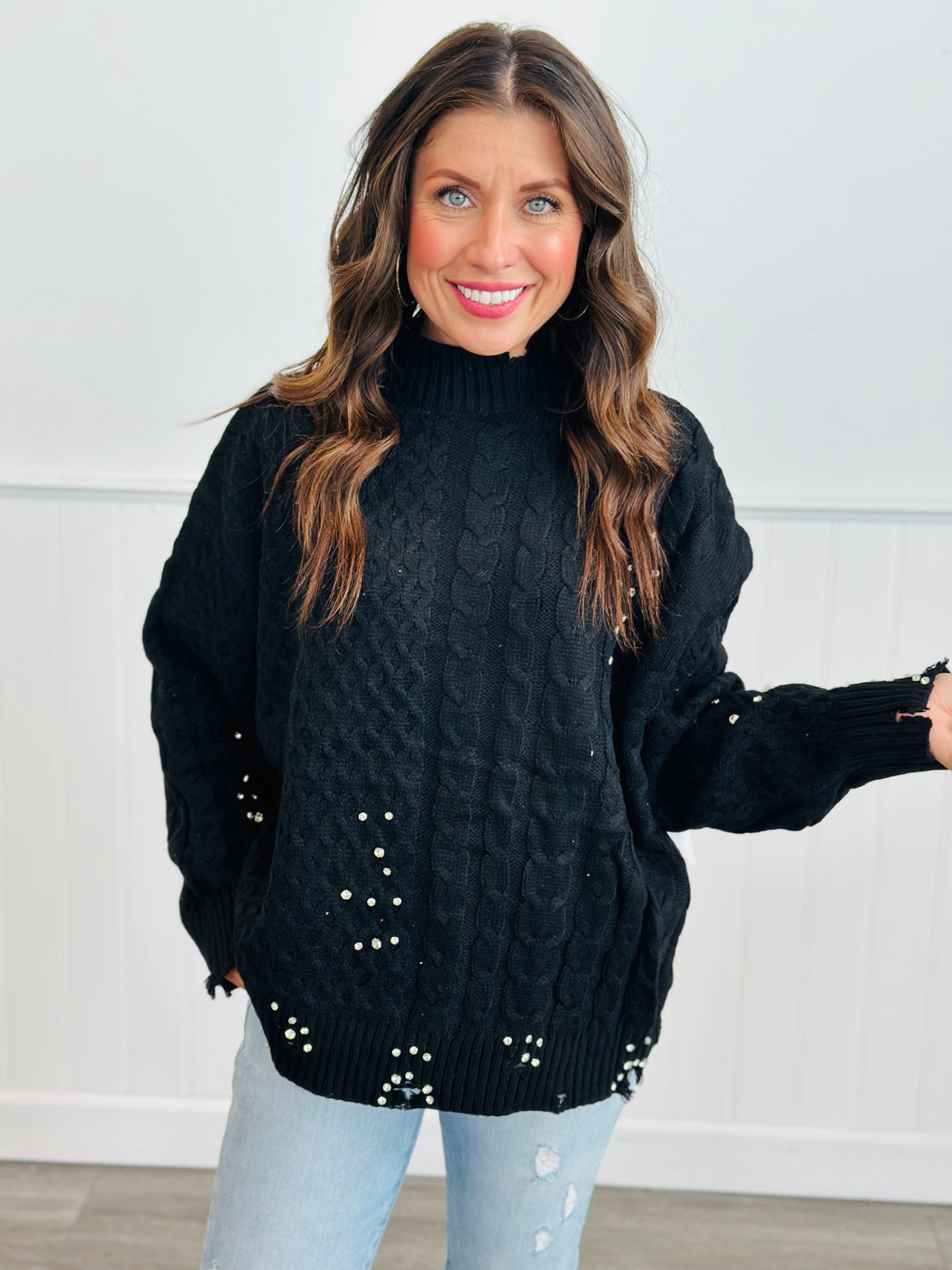 Knit Rhinestone Distressed Sweater (Reg.)- 2 Colors