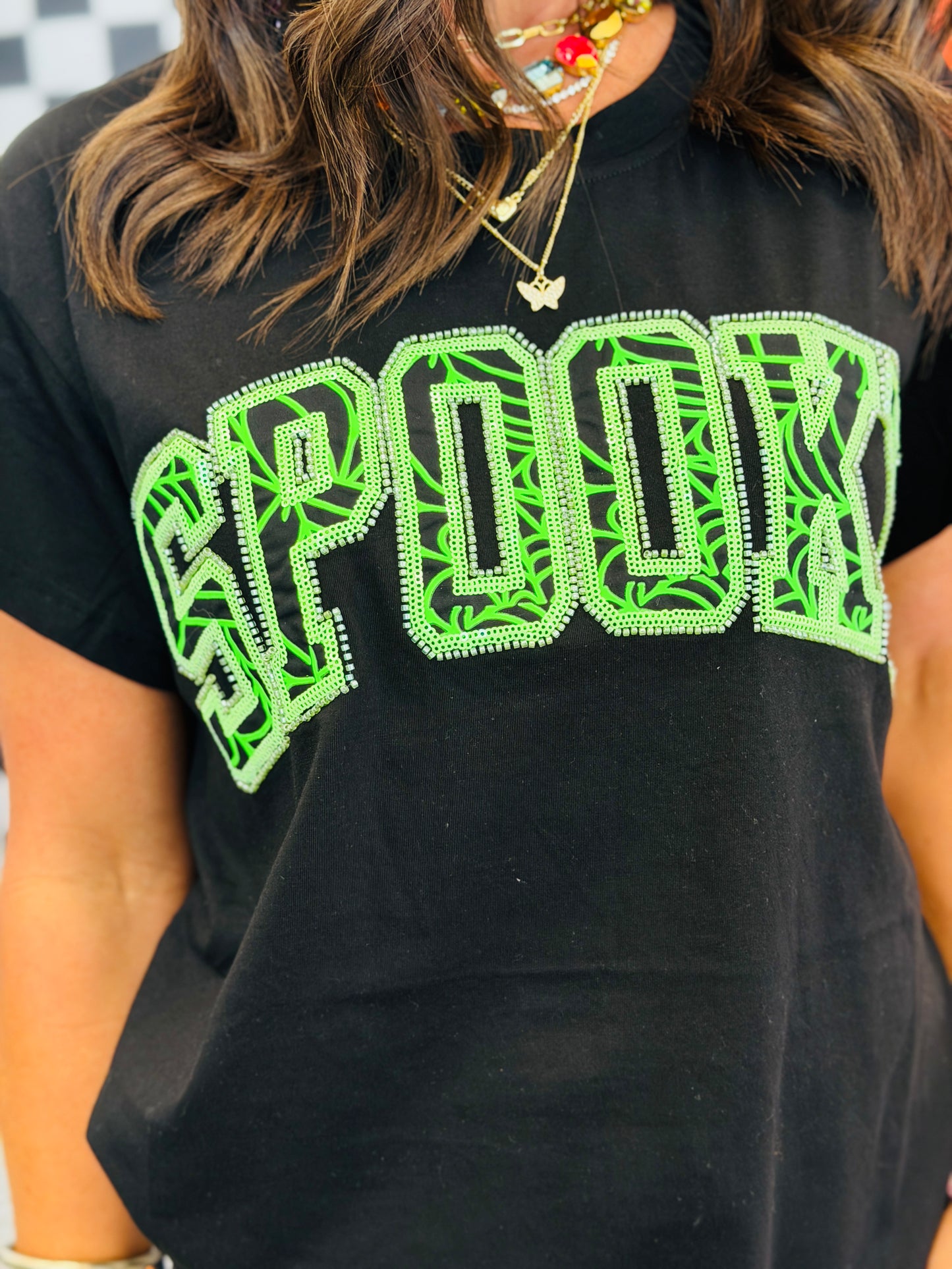 Queen Of Sparkles Black & Neon Green Spider Web 'Spooky' Tee (Reg. and Plus)