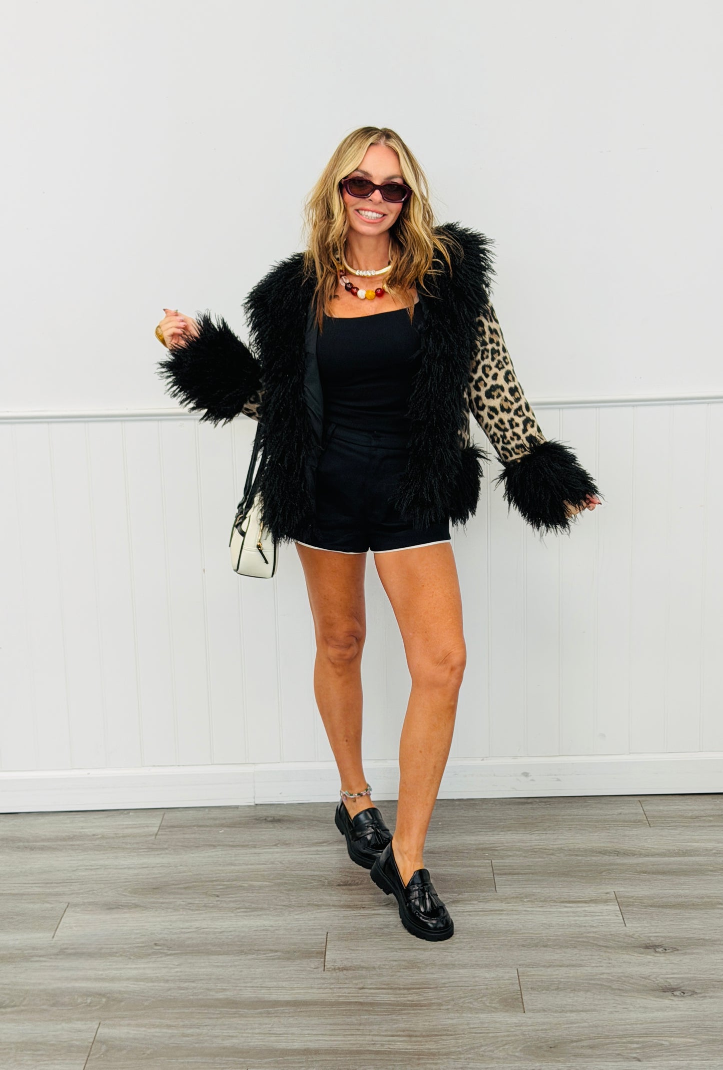 Leopard Print Faux Fur Trim Cardigan (Reg.)