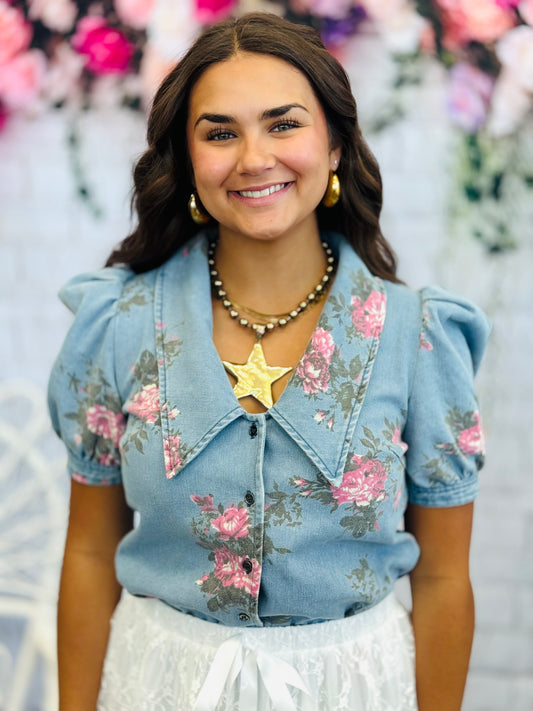 Floral Print Denim Puff Sleeve Shirt (Reg.)