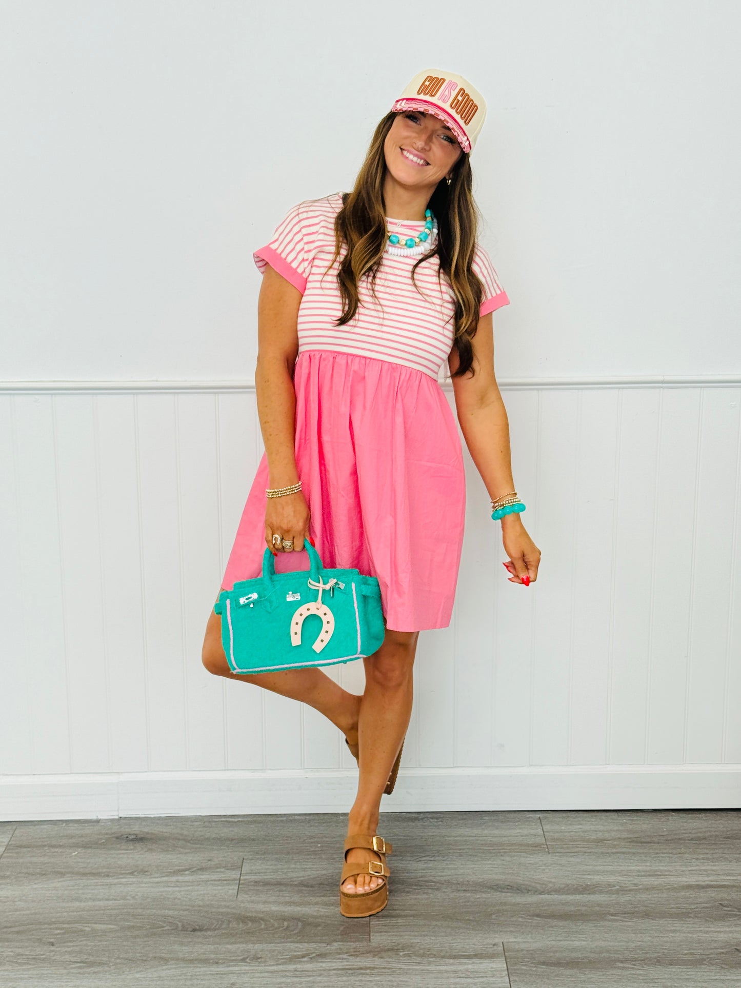 Pink Half Stripe Knit Mini Dress  (Reg.)