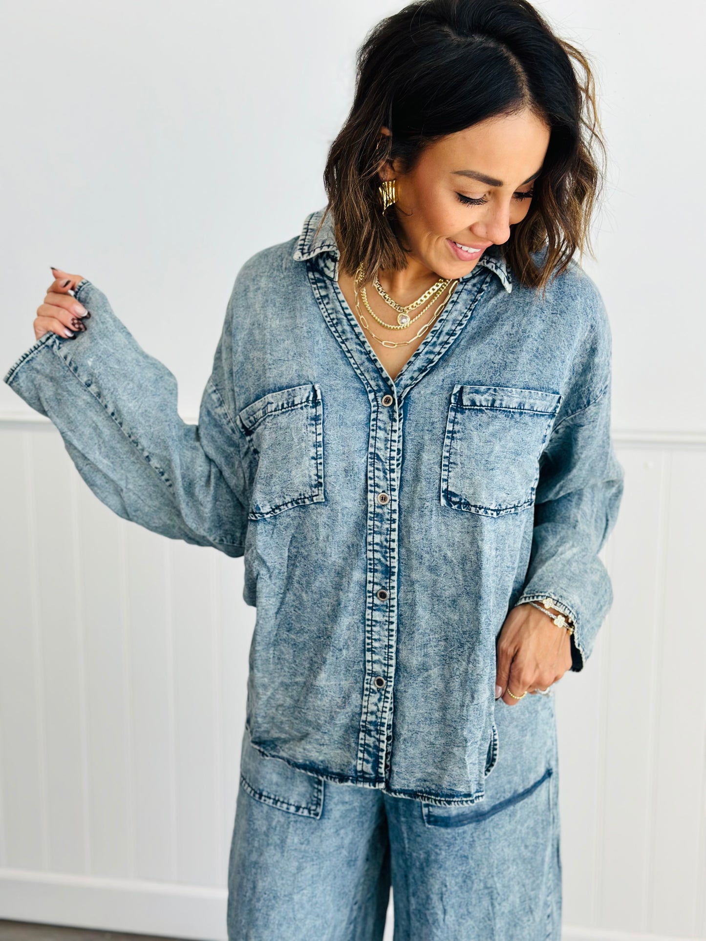 Denim Washed Sleeve And Pants Set (Reg. & Plus)