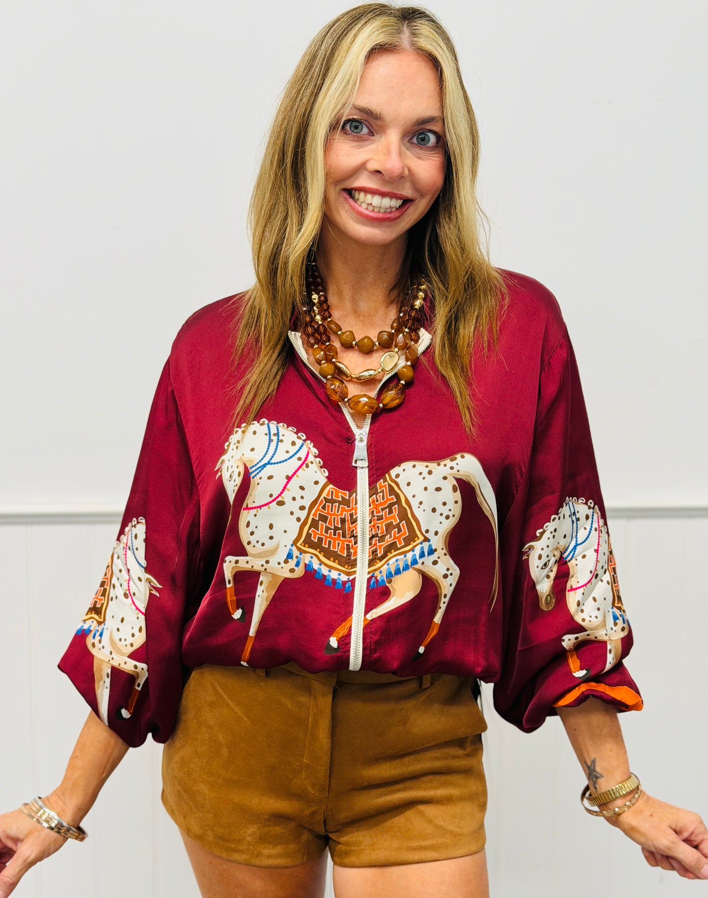 Maroon Festive Horse Zip Up Jacket (One Size )