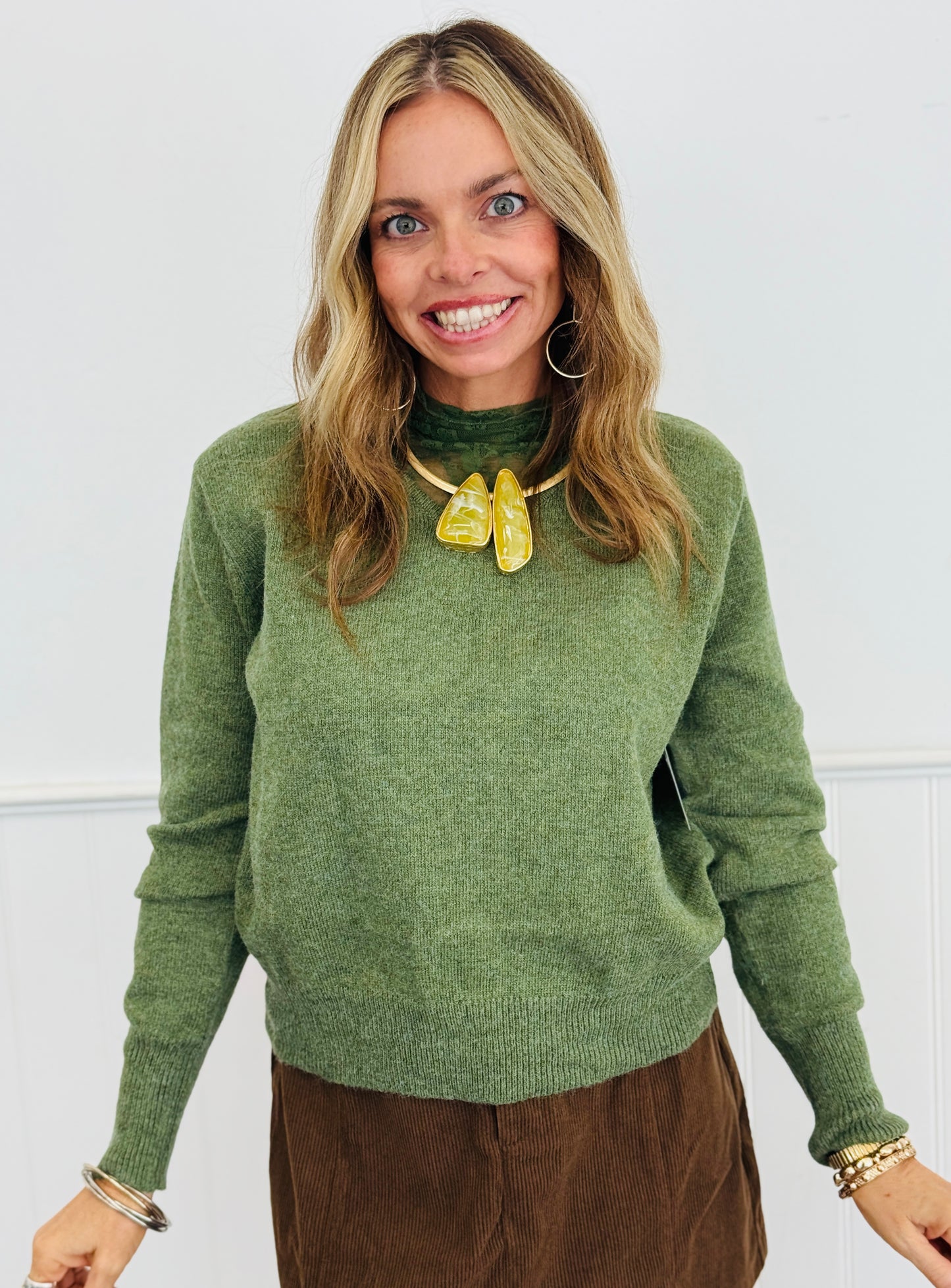Green Floral Lace High Neck Sweater Top (Reg & Plus)