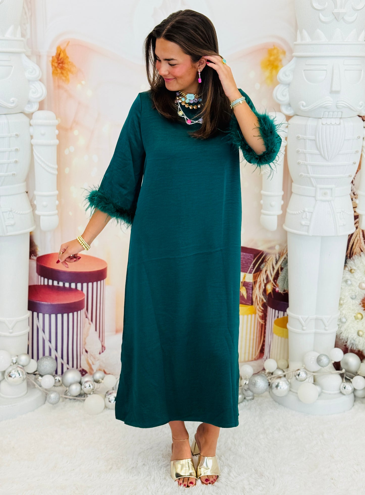 Hunter Green Satin Fur Trim Midi Dress (Reg.)