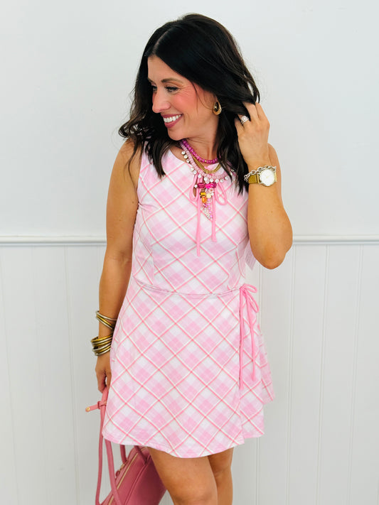 Lt Pink Plaid Print Active Wrap Dress (Reg.)