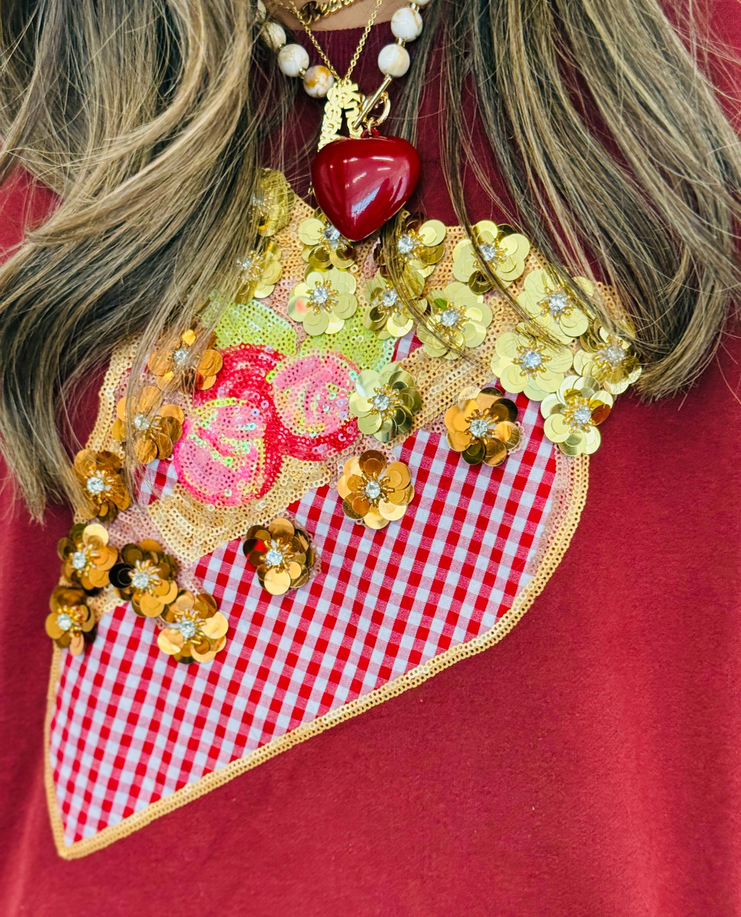 Queen Of Sparkles Maroon Gingham & Sequin Flower Pie Slice Sweatshirt (Reg. and Plus)