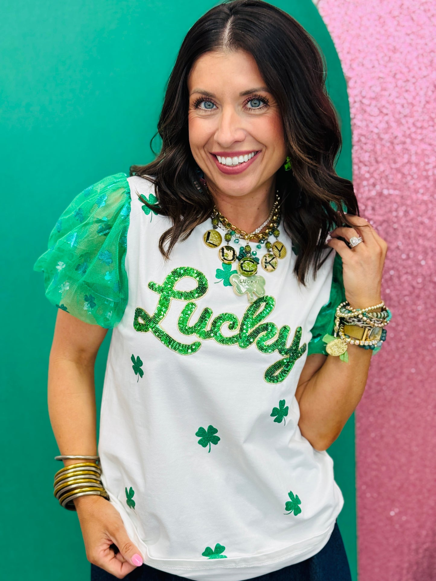 Lucky Sequin Puff Sleeve Blouse (Reg. and Plus)