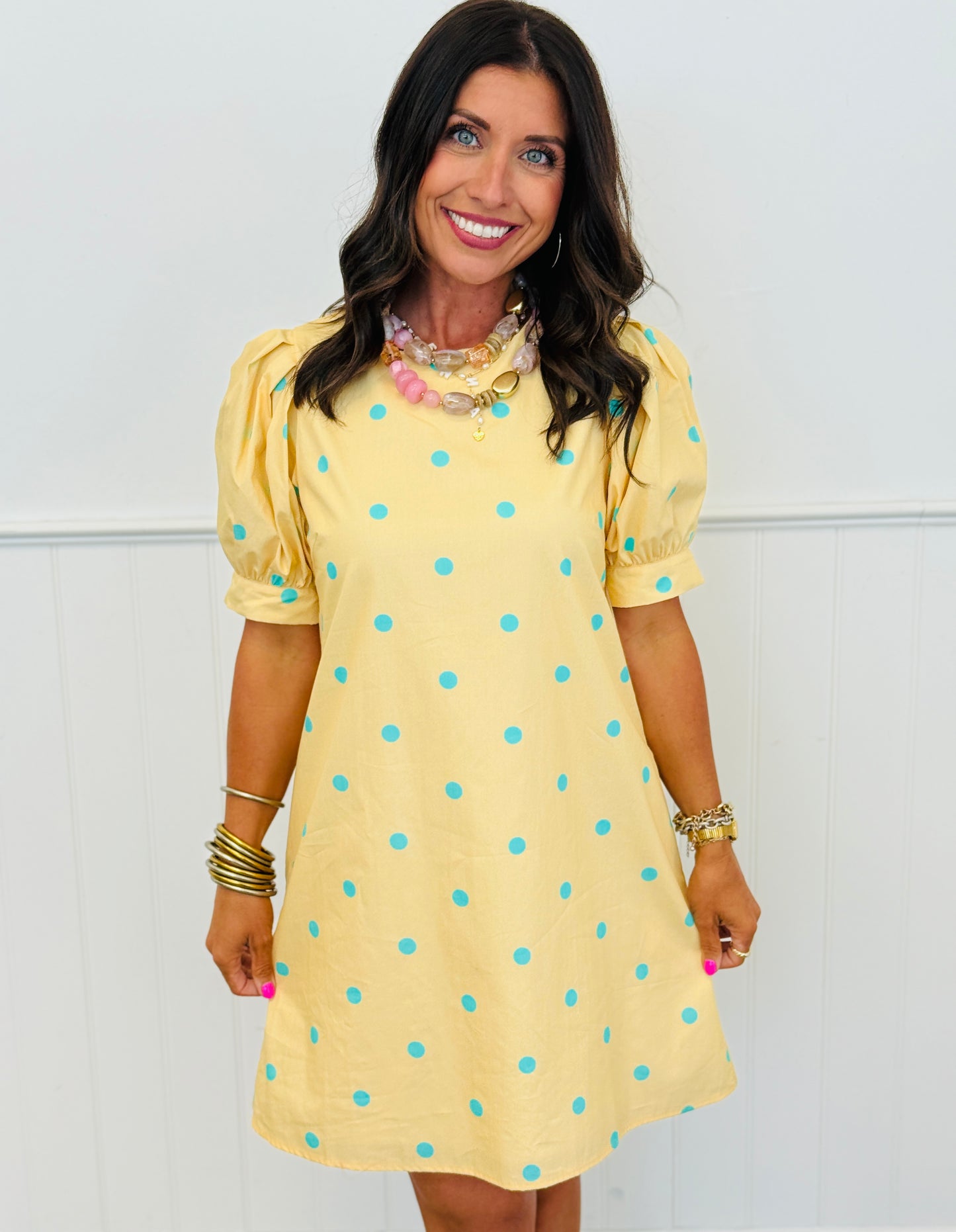 Yellow/Aqua Poplin Polka Dot Mini Dress (Reg.)