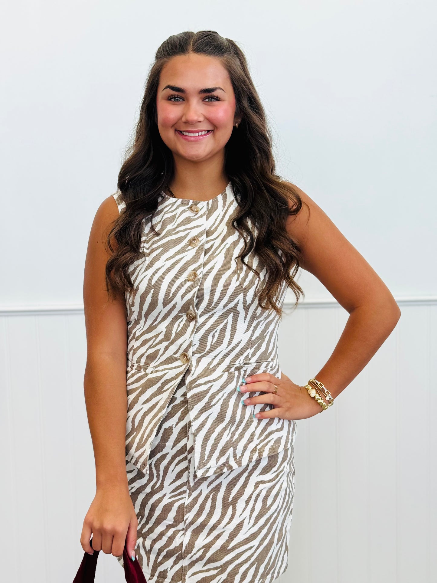 White/Tan Zebra Print Vest Top (Reg & Plus)