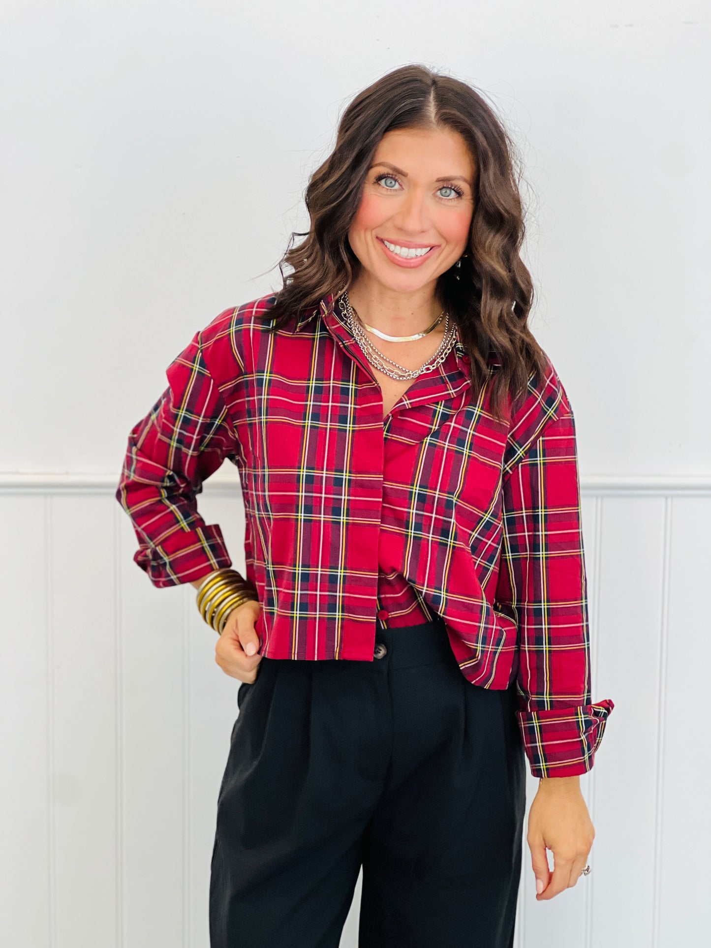 Plaid Long Sleeve Button Up Top (Reg.) - 3 Colors
