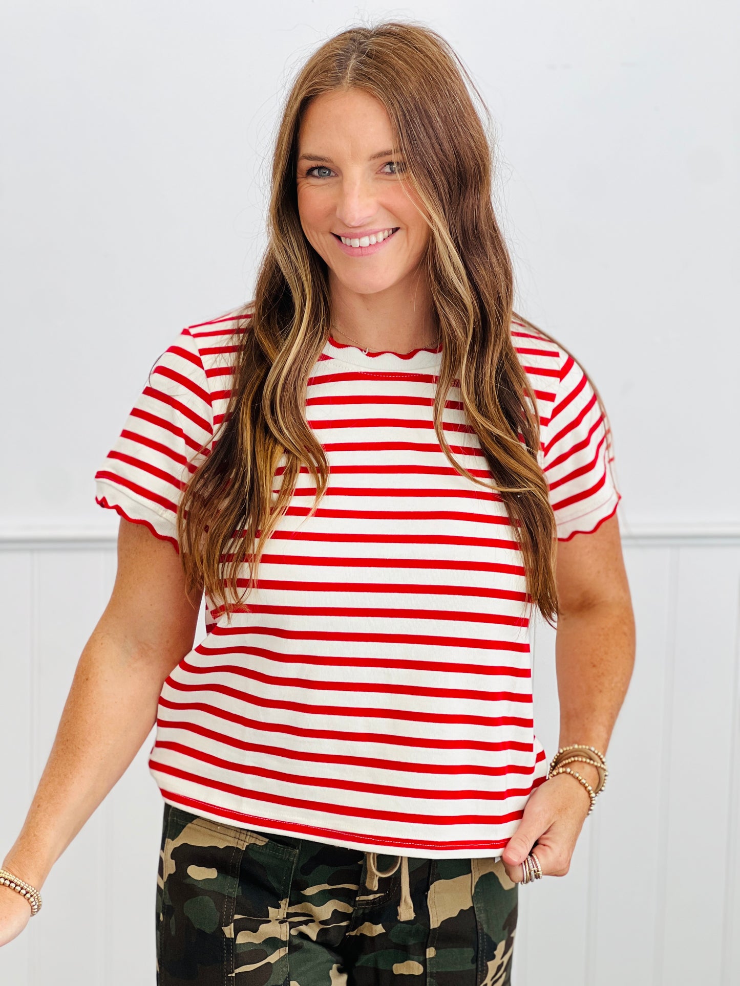Ivory/Red Stripe Scallop Trim Top (Reg & Plus)