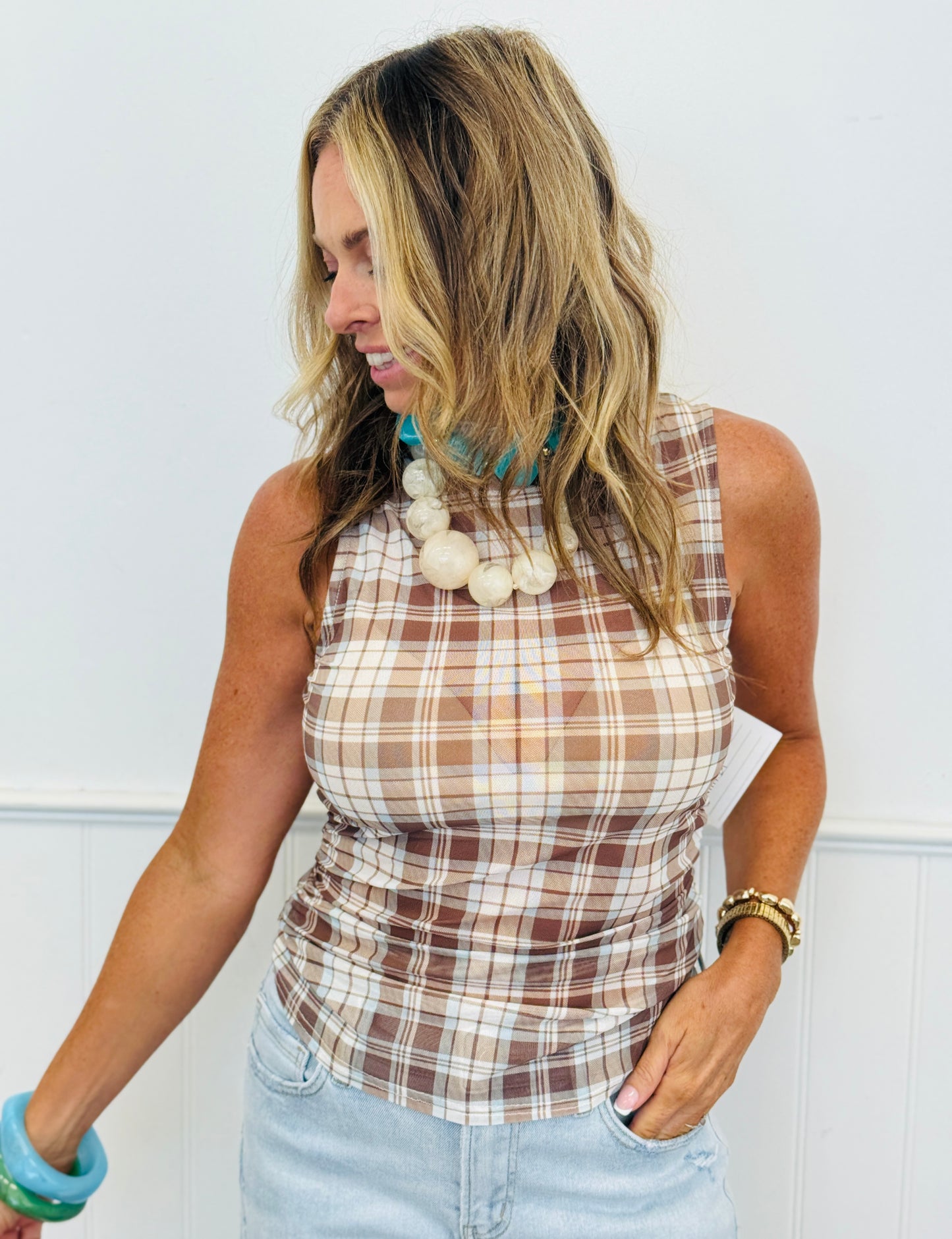 Coco/Ivory Plaid Sleeveless Mesh Top (Reg.)