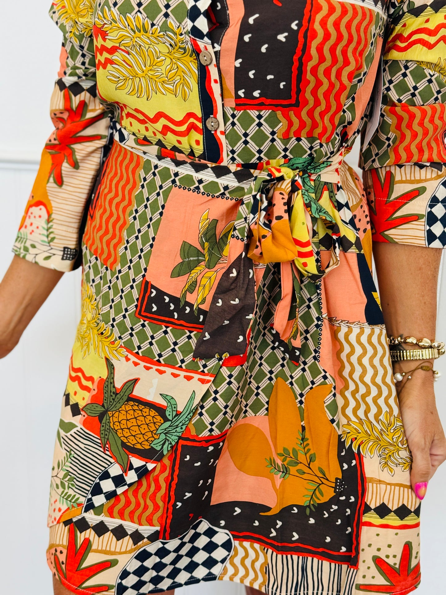 Patchwork Print Front Tie Mini Dress (Reg. and Plus)