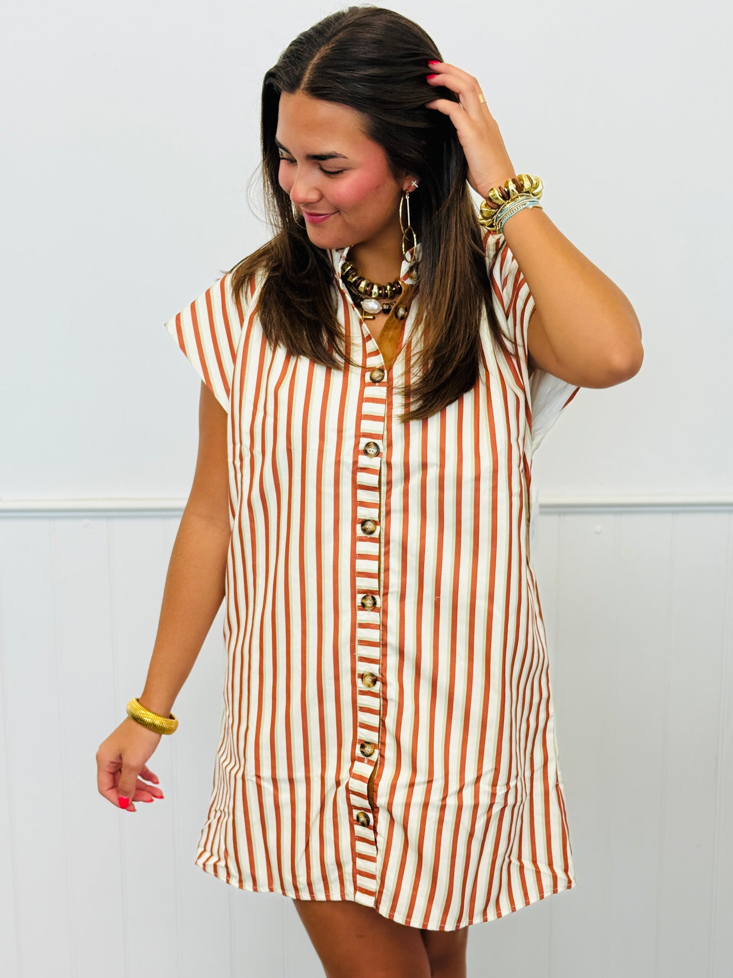 Rust Stripe Button Down Mini Dress (Reg & Plus)