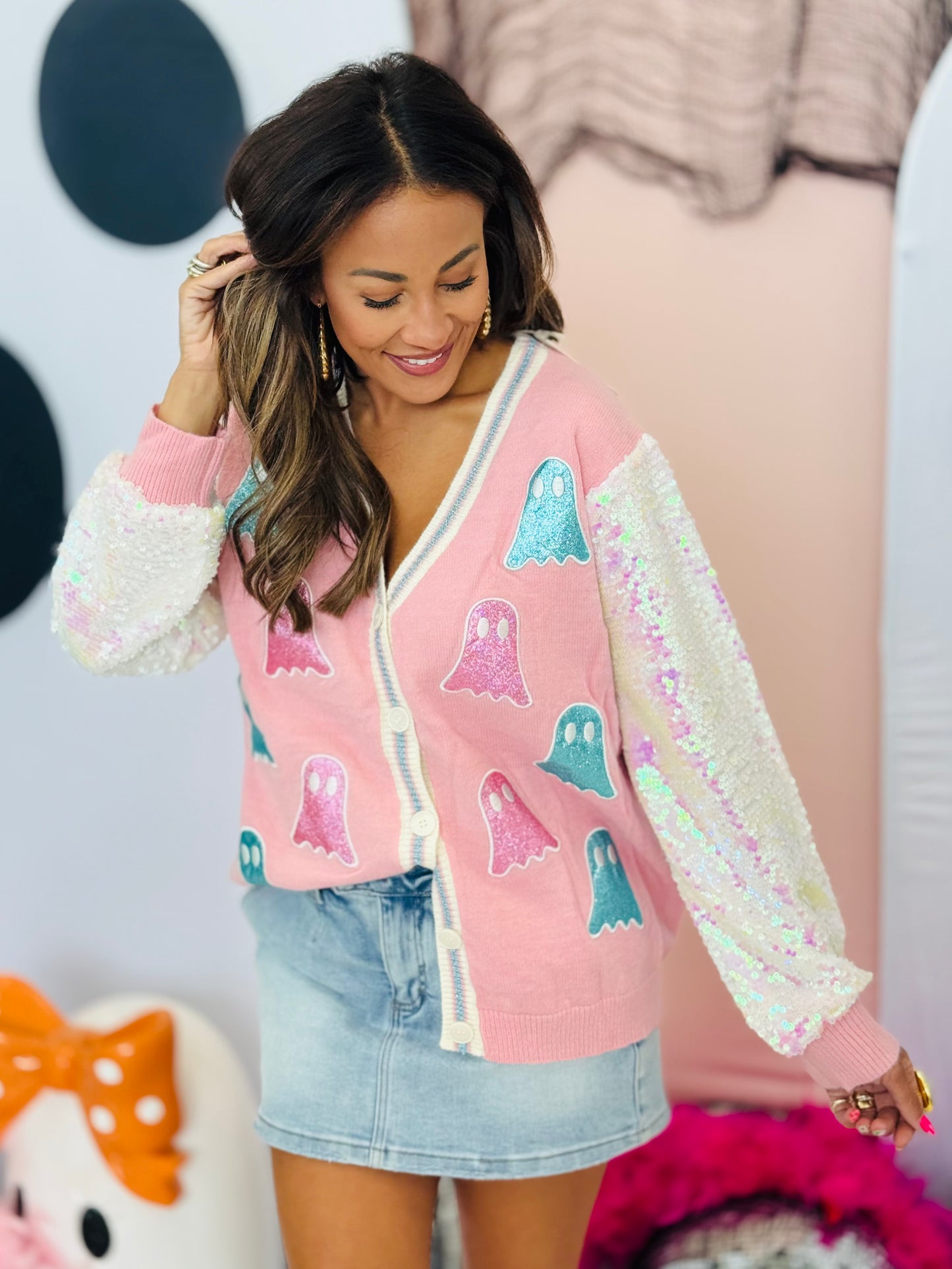 Glitter Ghost Sequin Sleeves Button Up Cardigan (Reg. and Plus)