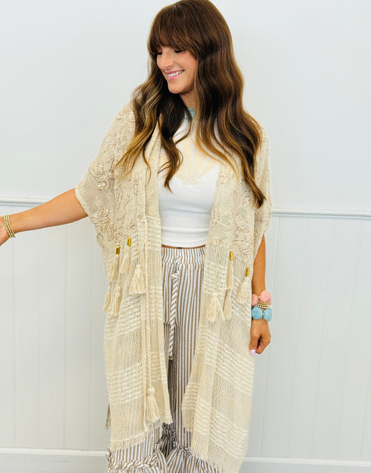 POL Natural Loose Weave Tassel Midi Cardigan (Reg.)