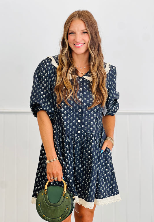 Floral Fold Over Collar Puff Sleeve Mini Dress (Reg.)