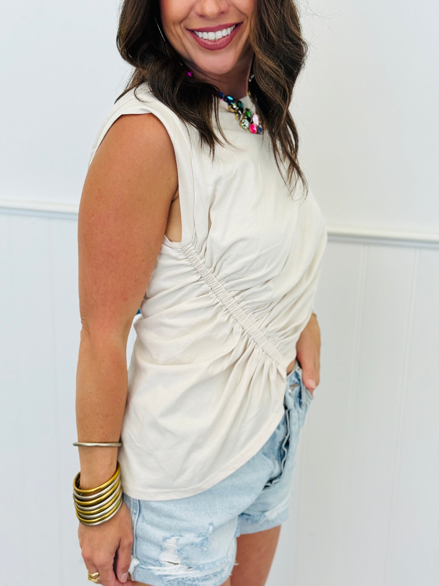 Ruched Asymmetric Hem Tank Top (Reg.)-3 Colors