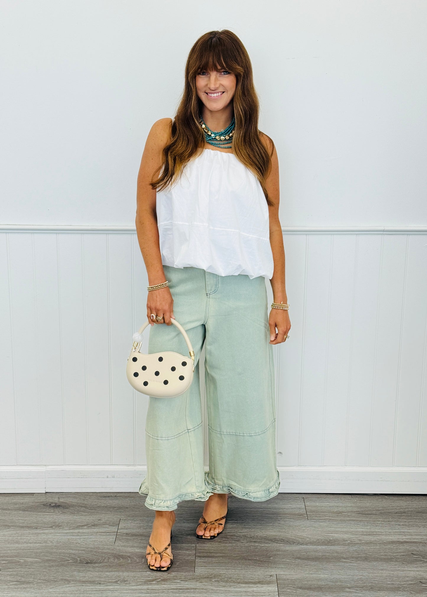 Off White Strappy Bubble Hem Cami Top (Reg & Plus)