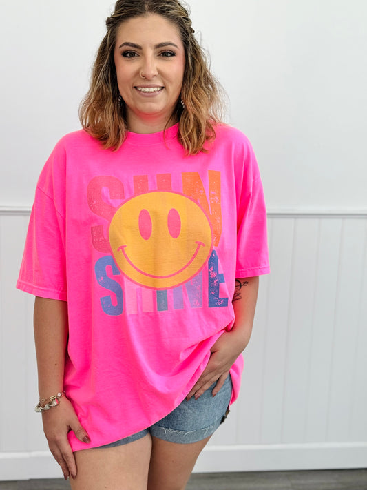 Neon Pink Sunshine Happy Face Tee (Reg. and Plus)