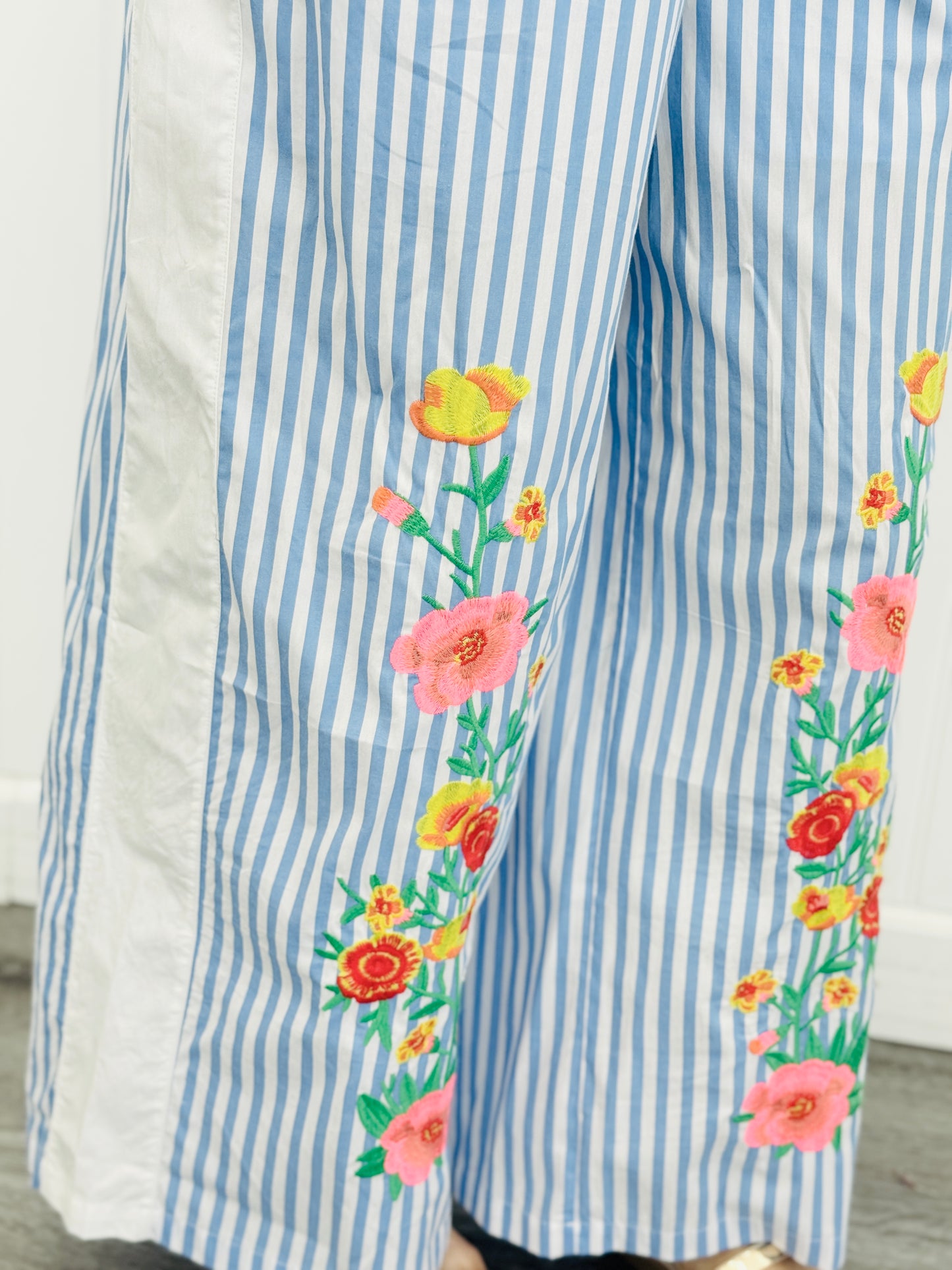 Blue Mix Striped Floral Embroidered Wide Leg Pants (Reg.)