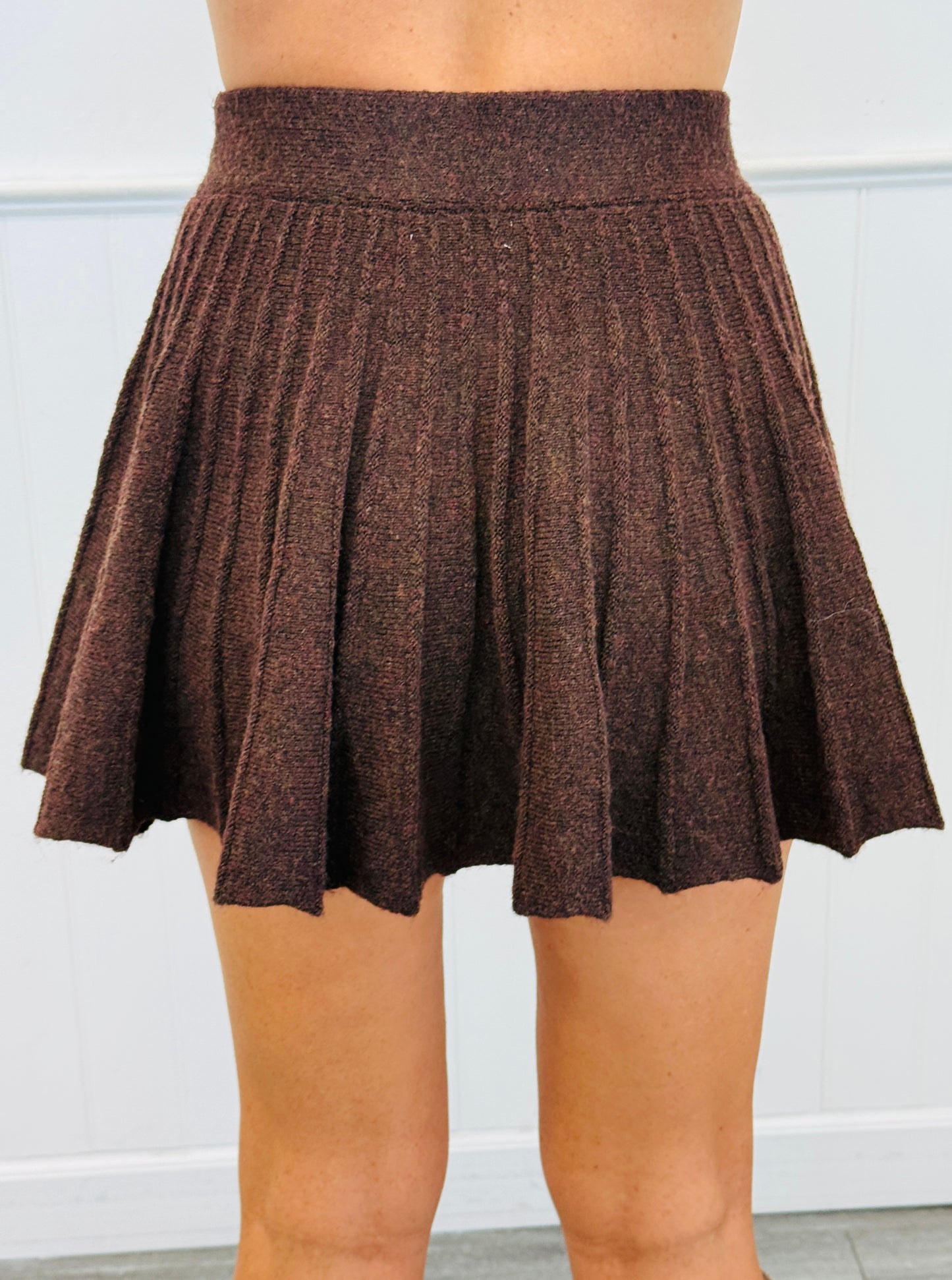 Brown Turtleneck Sweater & Pleated Mini Skirt Set (Reg.)