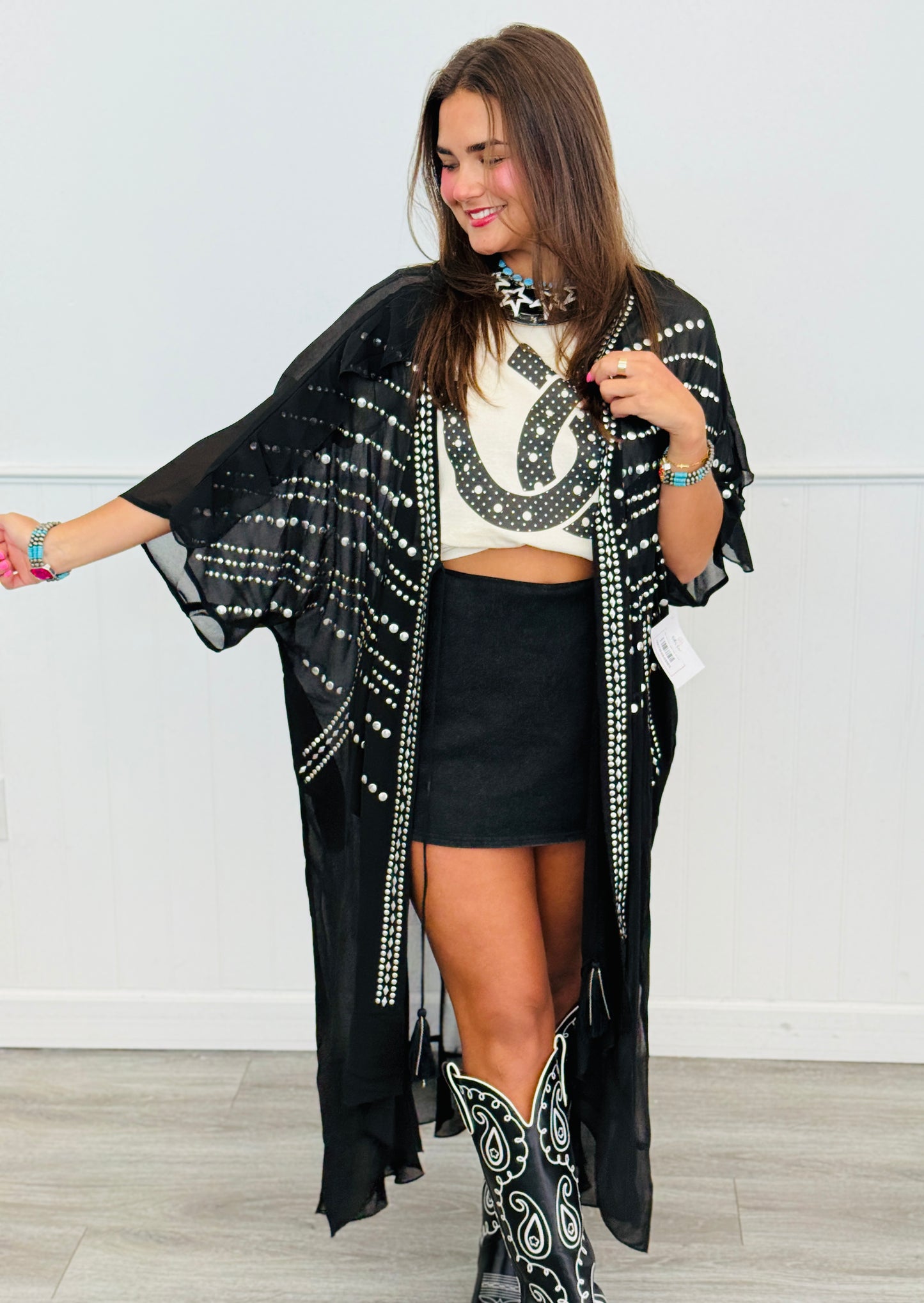 Black Front Tie Tassel Longline Cardigan (OS & Plus)