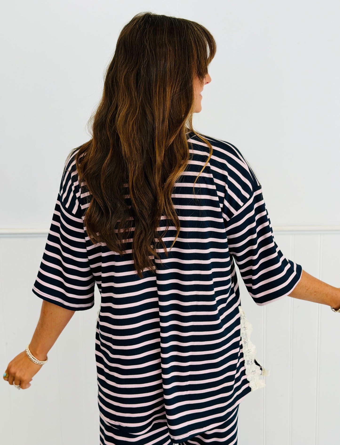 Striped Lace Side Slit Top (Reg. and Plus) - 6 Colors