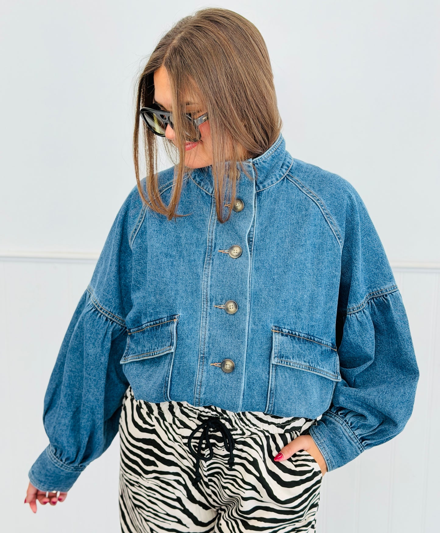 Medium Denim High Neck Jacket (Reg. and Plus)