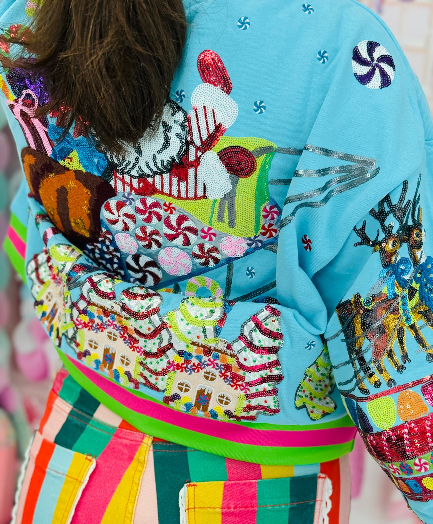 Queen Of Sparkles Aqua Vintage Santa Gingerbread House Sweatshirt (Reg. & Plus)