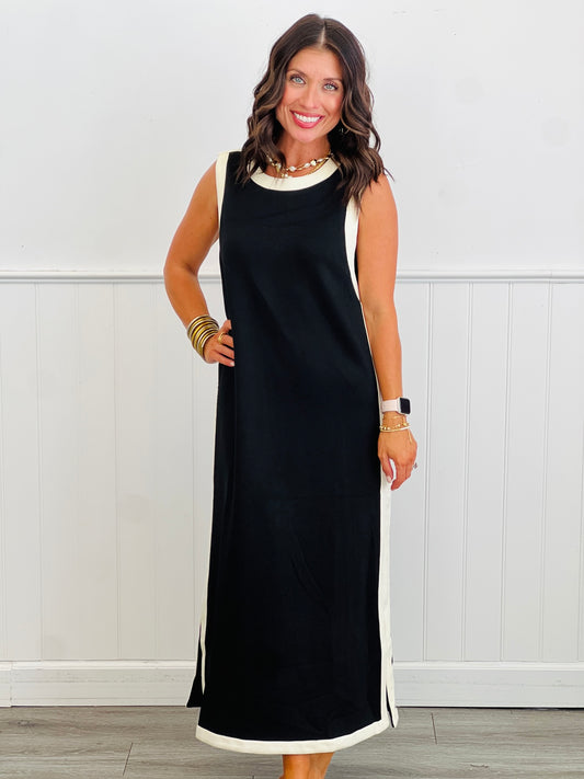Black Contrast Seams Midi Dress (Reg.)