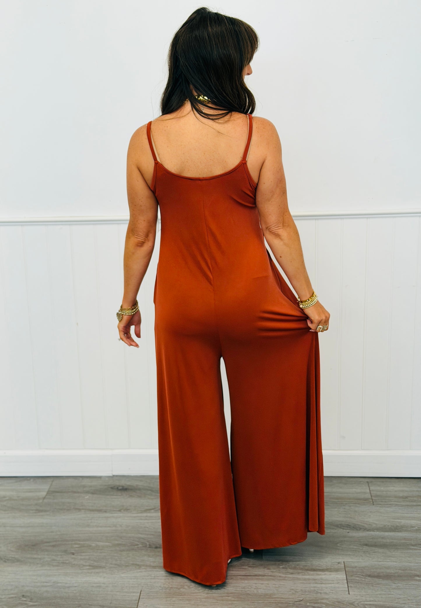 Rust Solid Strappy Jumpsuit (Reg & Plus)
