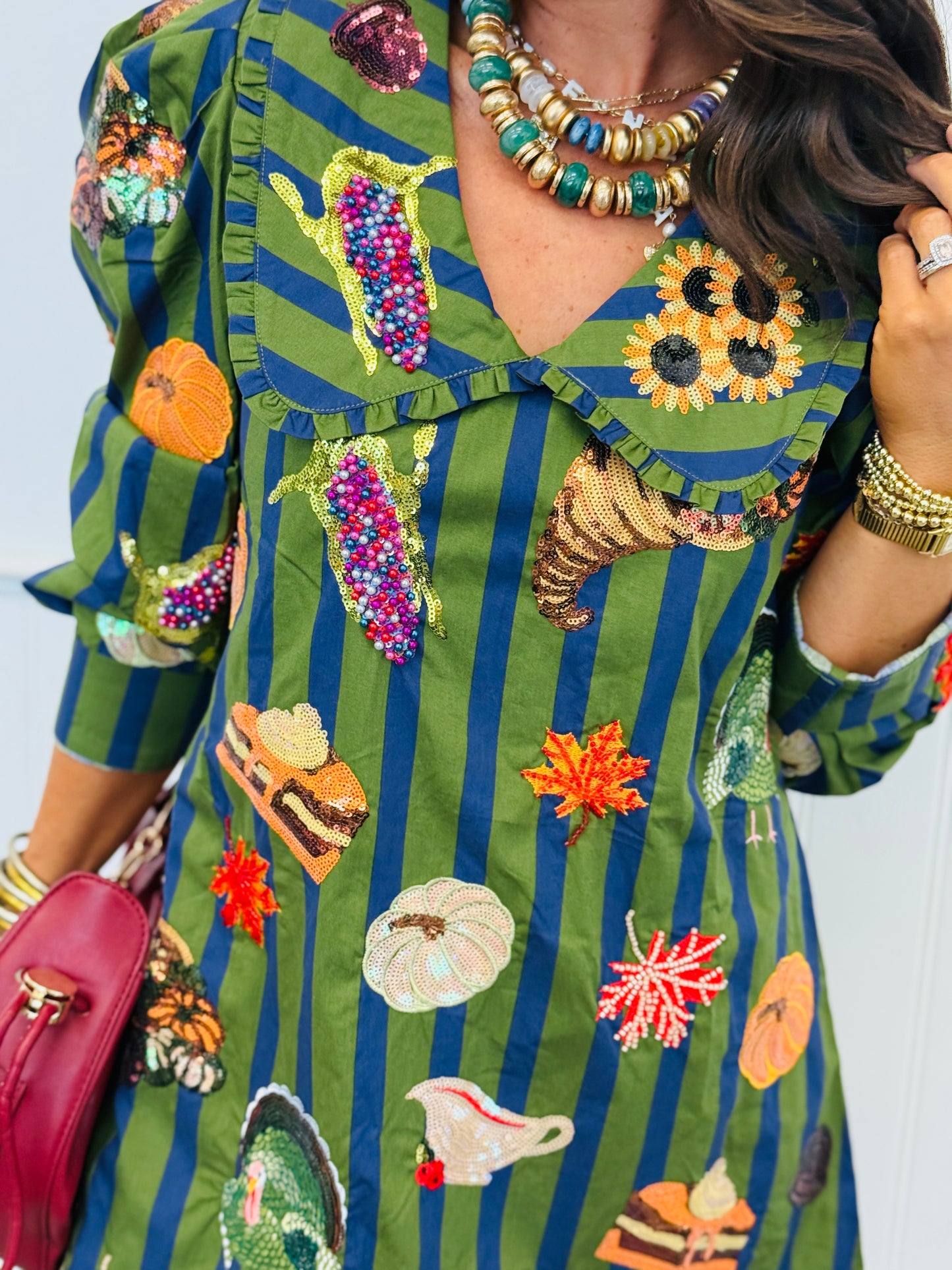 Queen Of Sparkles Dk Green/Blue Striped Thanksgiving Icon Dress (Reg. and Plus)