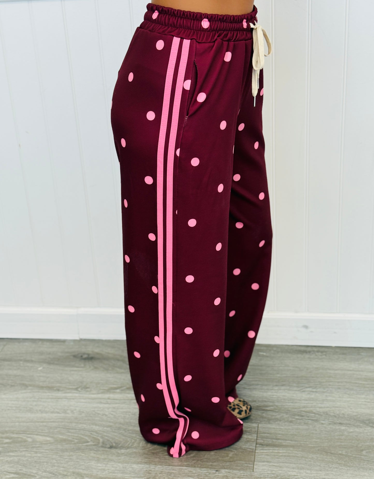 Burgundy Polka Dot Side Stripe Pants (One Size)