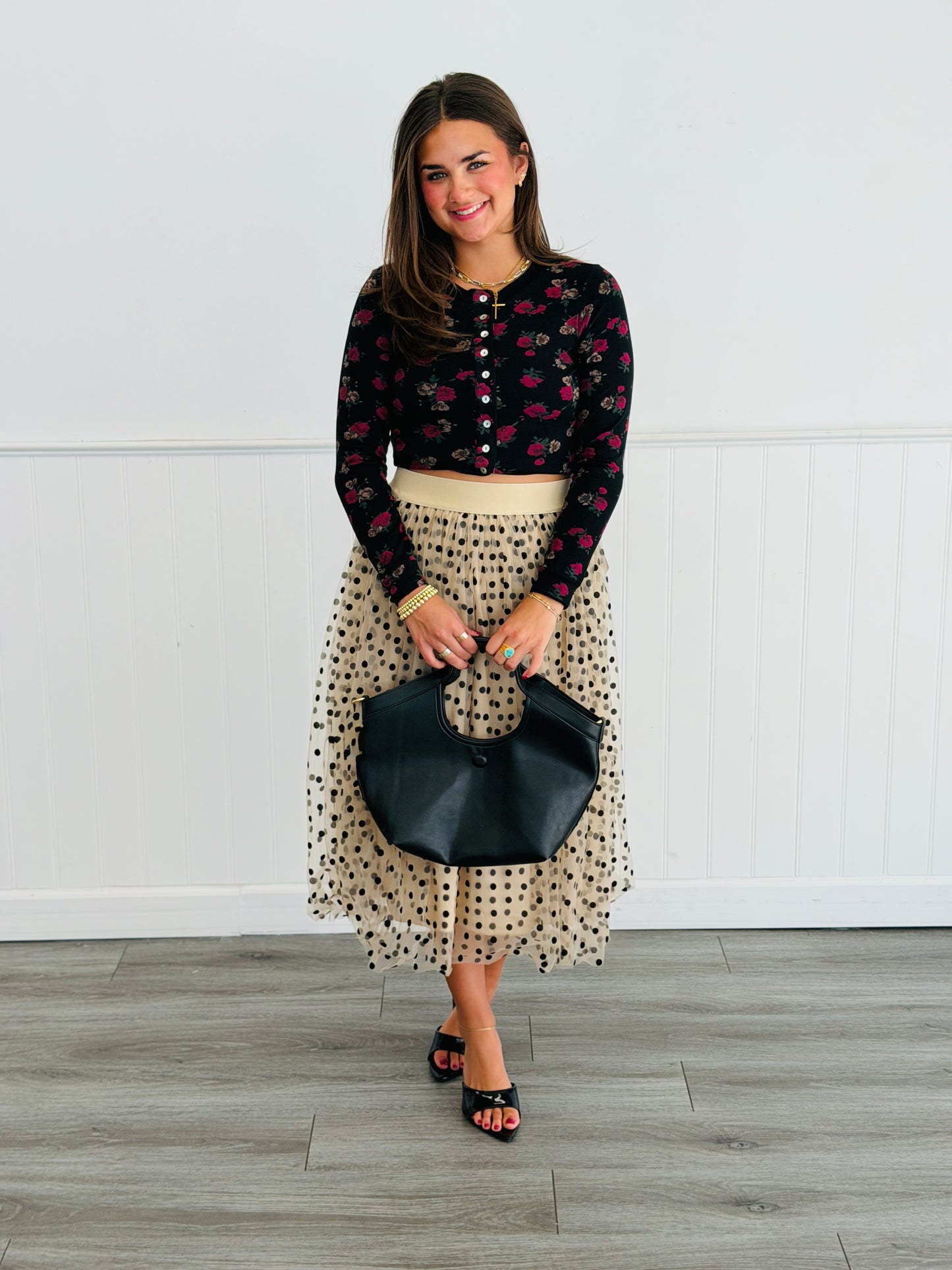 Apricot Polka Dot Print Tulle Midi Skirt (Reg & Plus)