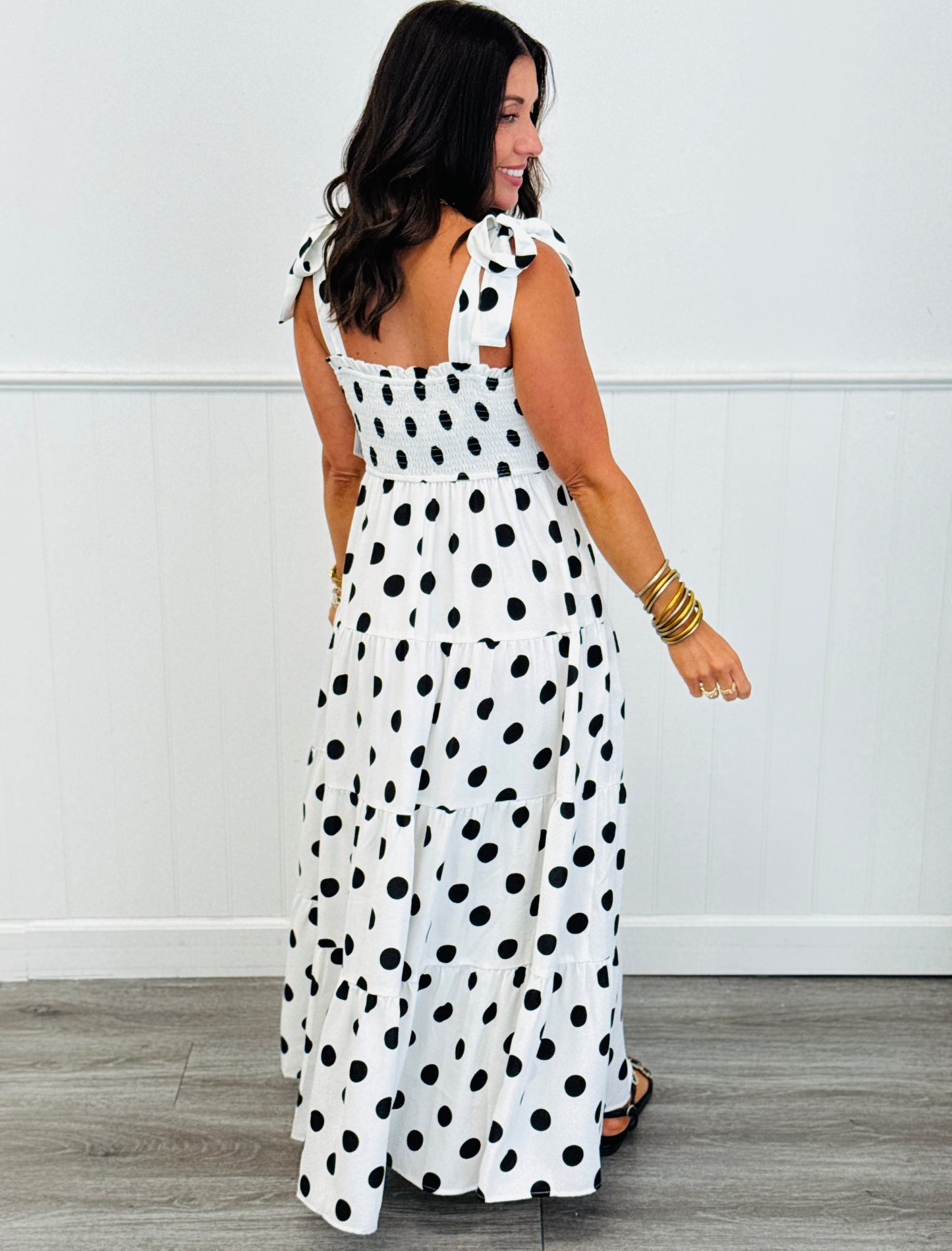 White/Black Polka Dot Tiered Maxi Dress (Reg & Plus)