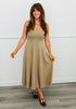Taupe Square Neck Flare Midi Dress (Reg. and Plus)