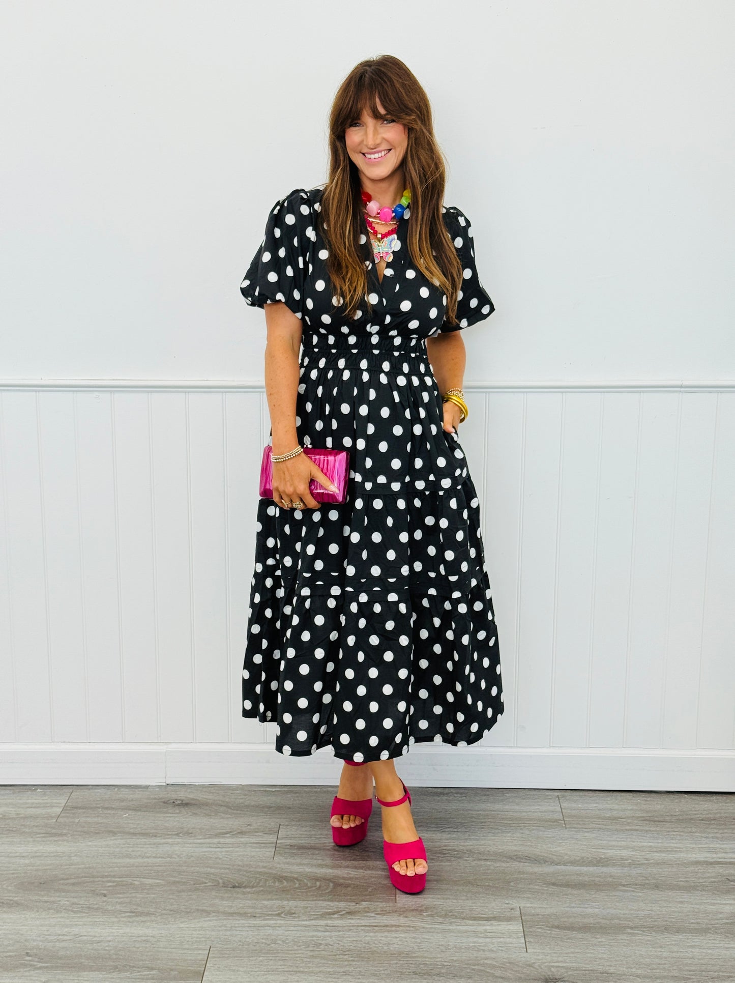 Black Polka Dot Tiered Midi Dress (Reg.)
