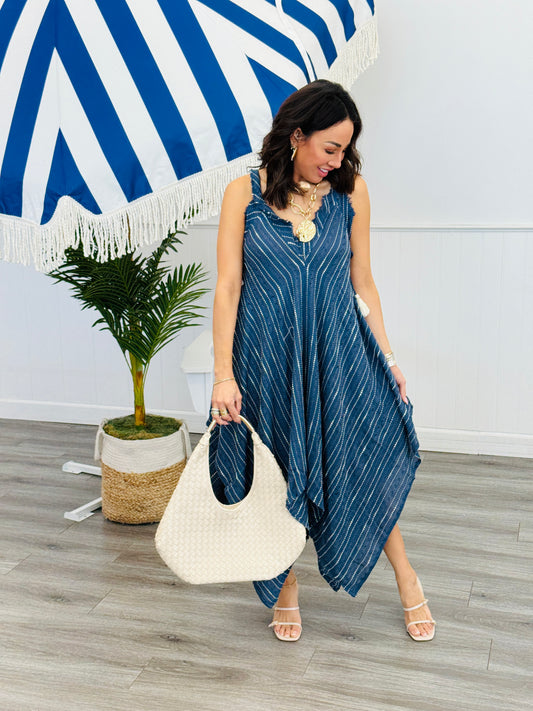 POL Navy Stripe Handkerchief Midi Dress (Reg.)
