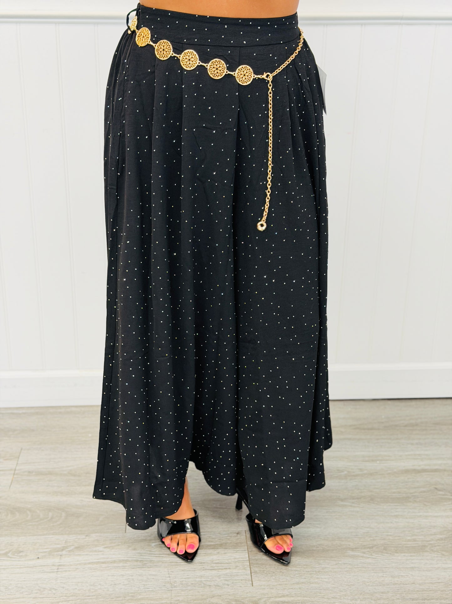 Pleated Front Rhinestone Wide Leg Pants (Reg.) - 2 Colors