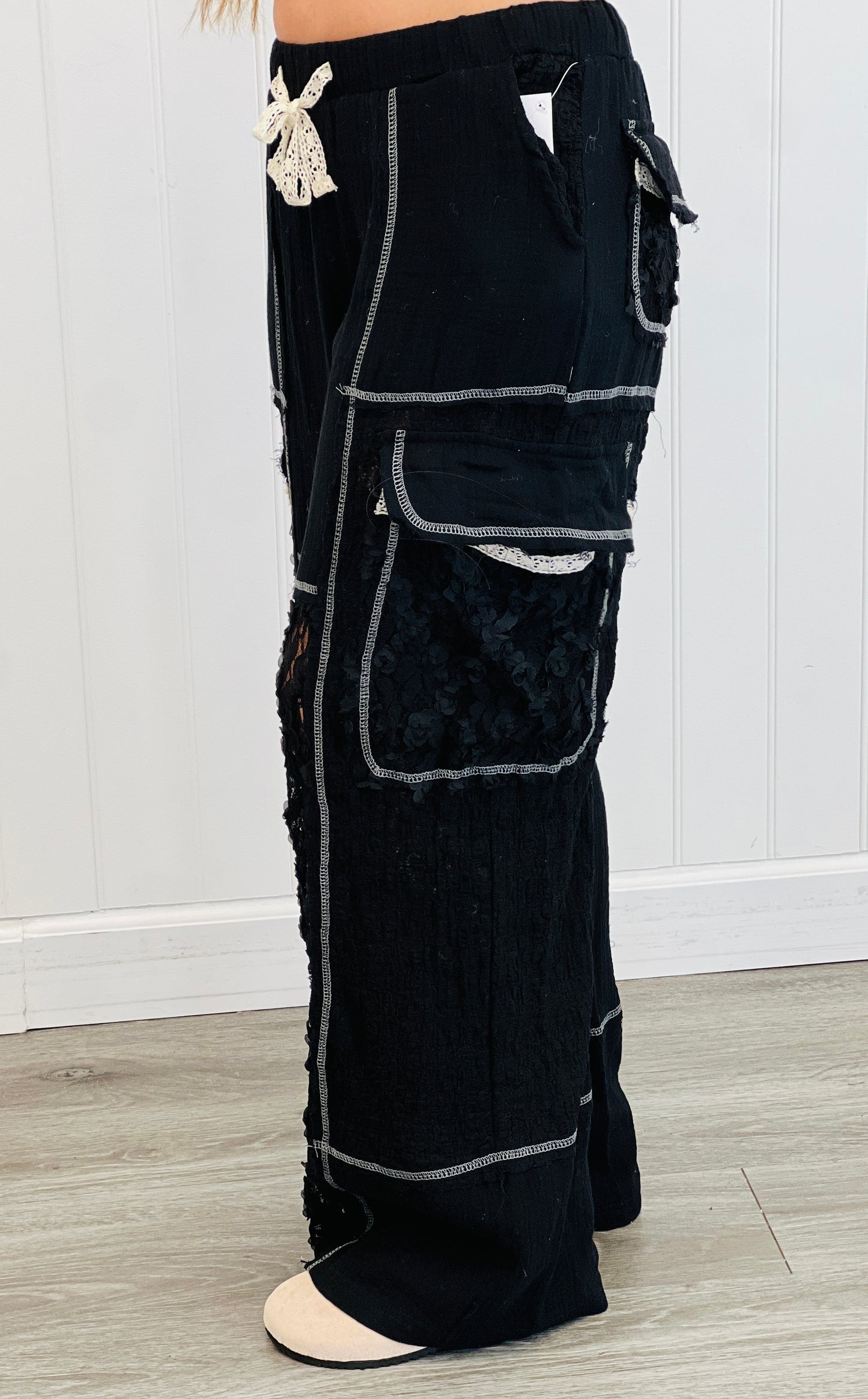 POL Black Sheer Lace Inserts Wide Pants (Reg.)