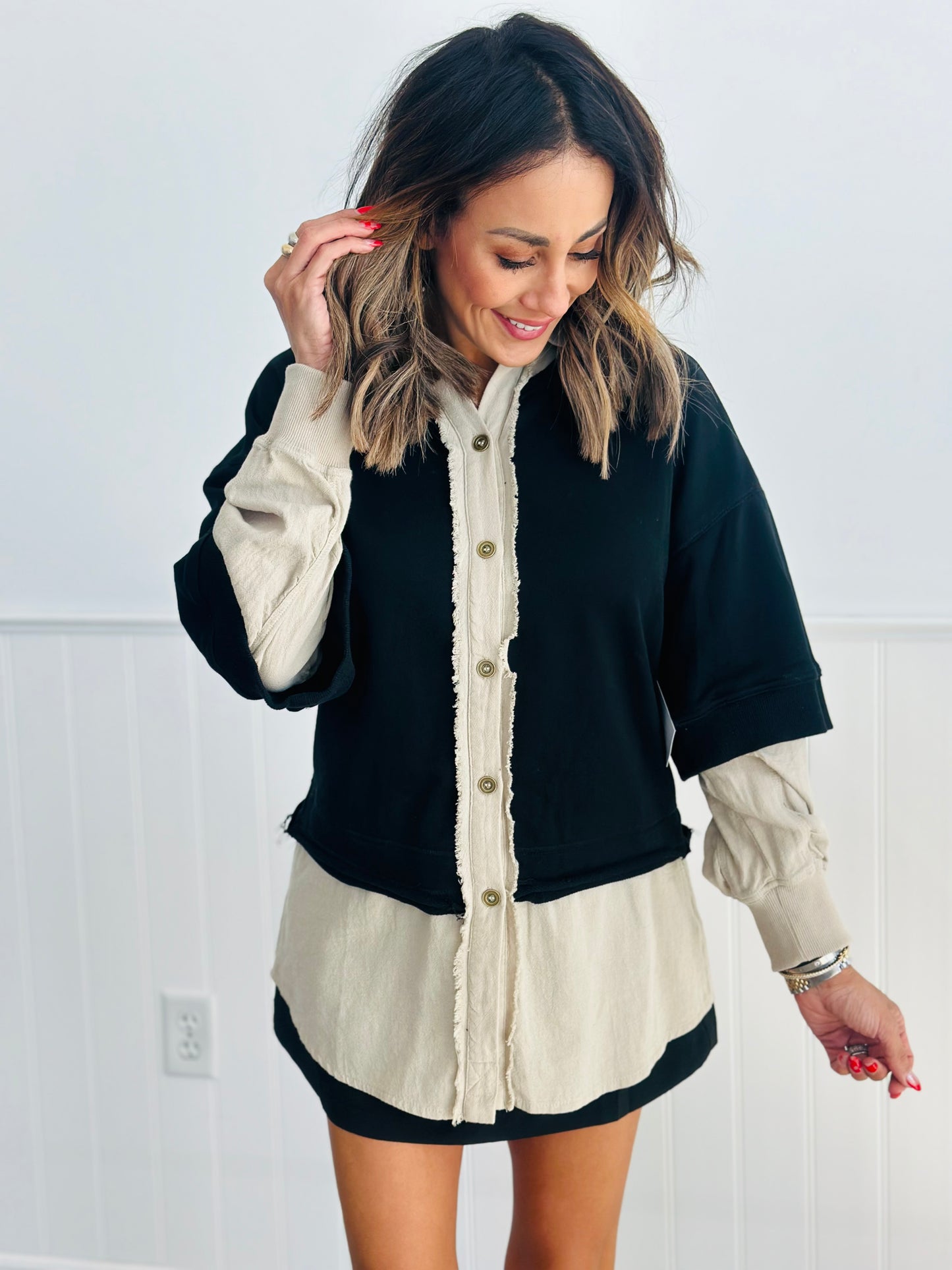 Black Contrast Layered Button Up Top (Reg. and Plus)